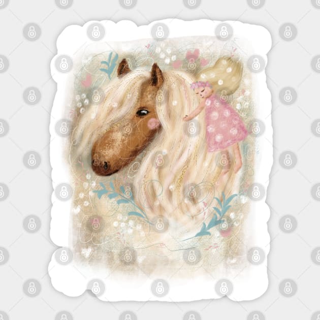 Cute dreaming romantic horse with flowers and a little girl. Sticker by Olena Tyshchenko